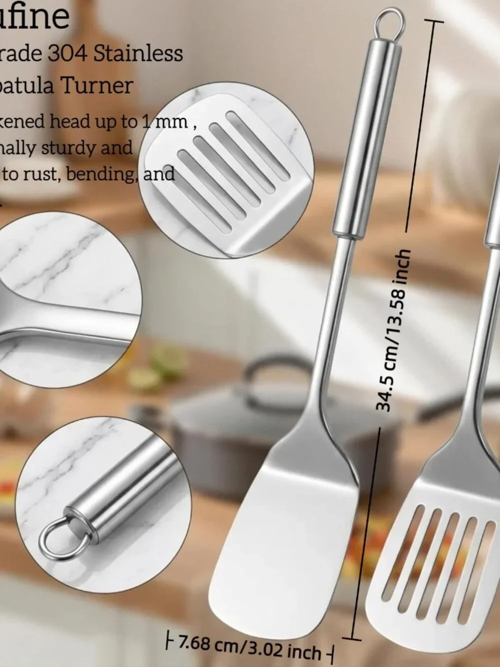 Silver Spatula Set, 13.5-inch Stainless Steel Solid & Slotted Spatula Turner, He